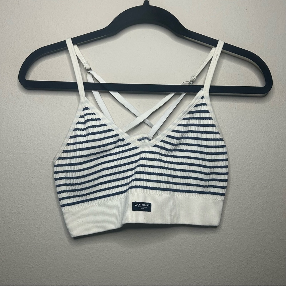 Lucky Brand White and Navy Striped Ribbed Crop Tank with Crisscross Straps